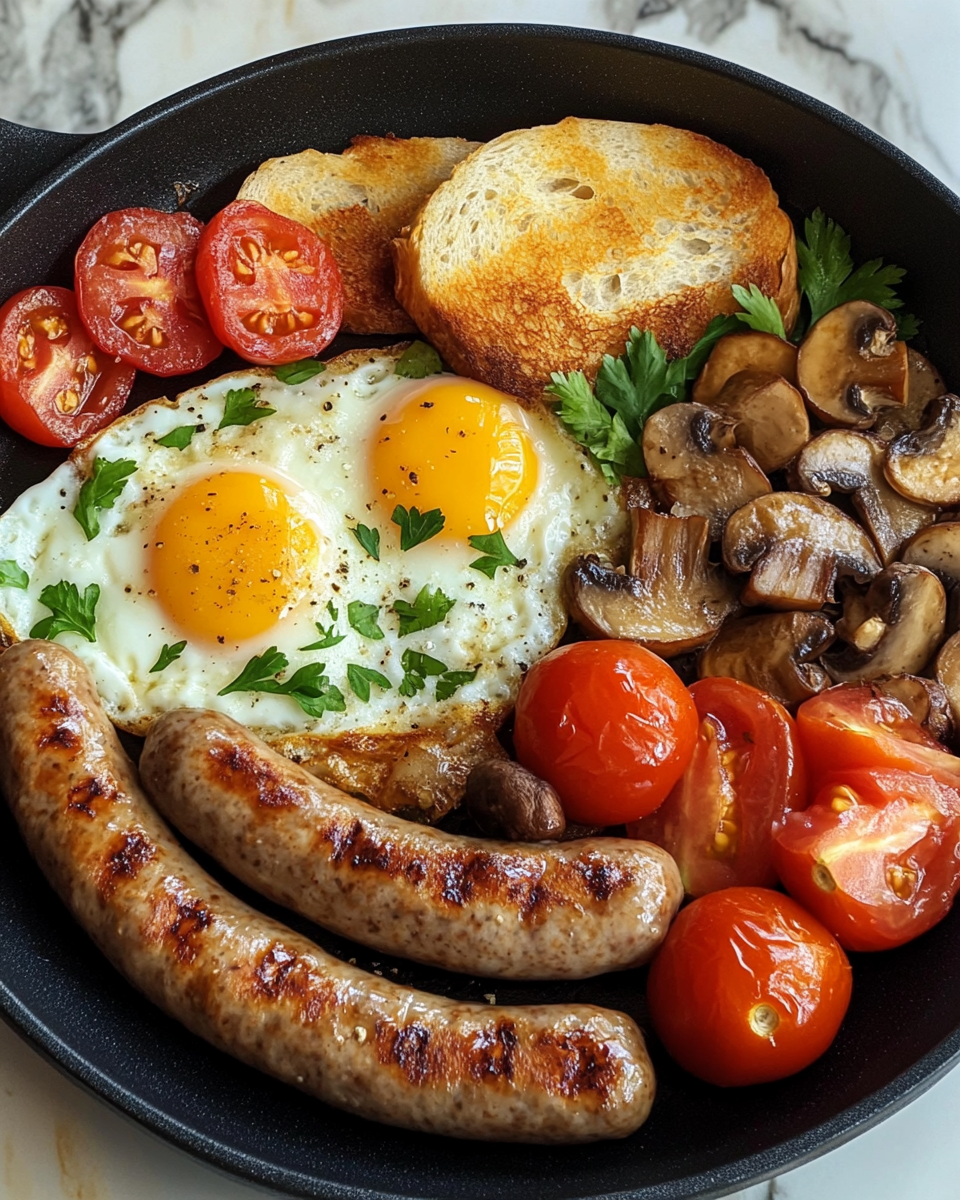 Deluxe Breakfast Platter: Eggs, Turkey Sausages, Mushrooms, Tomatoes, and Fried Bread