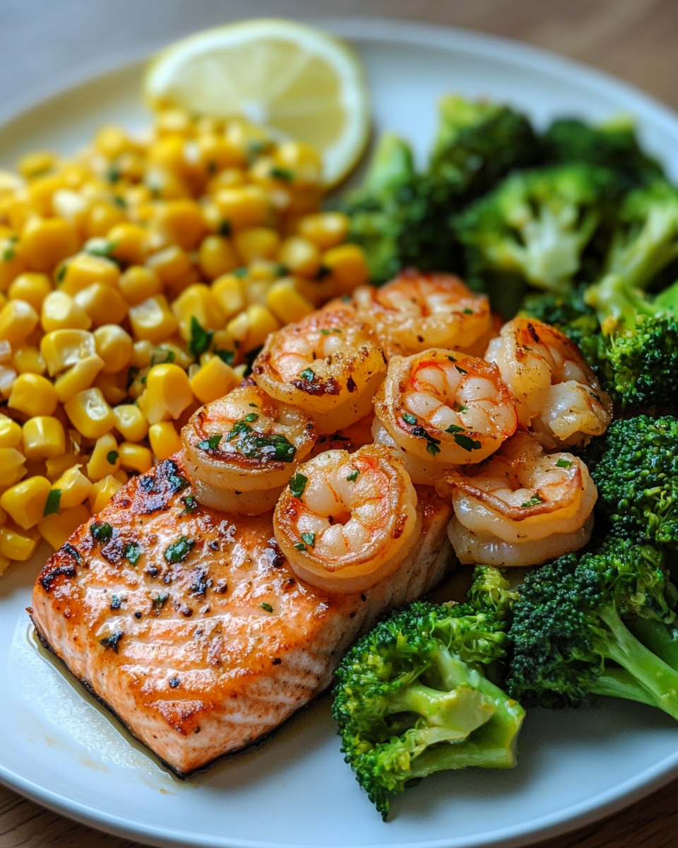 Salmon and Shrimp with Cheesy Broccoli and Corn: A Flavorful Surf and Turf Delight