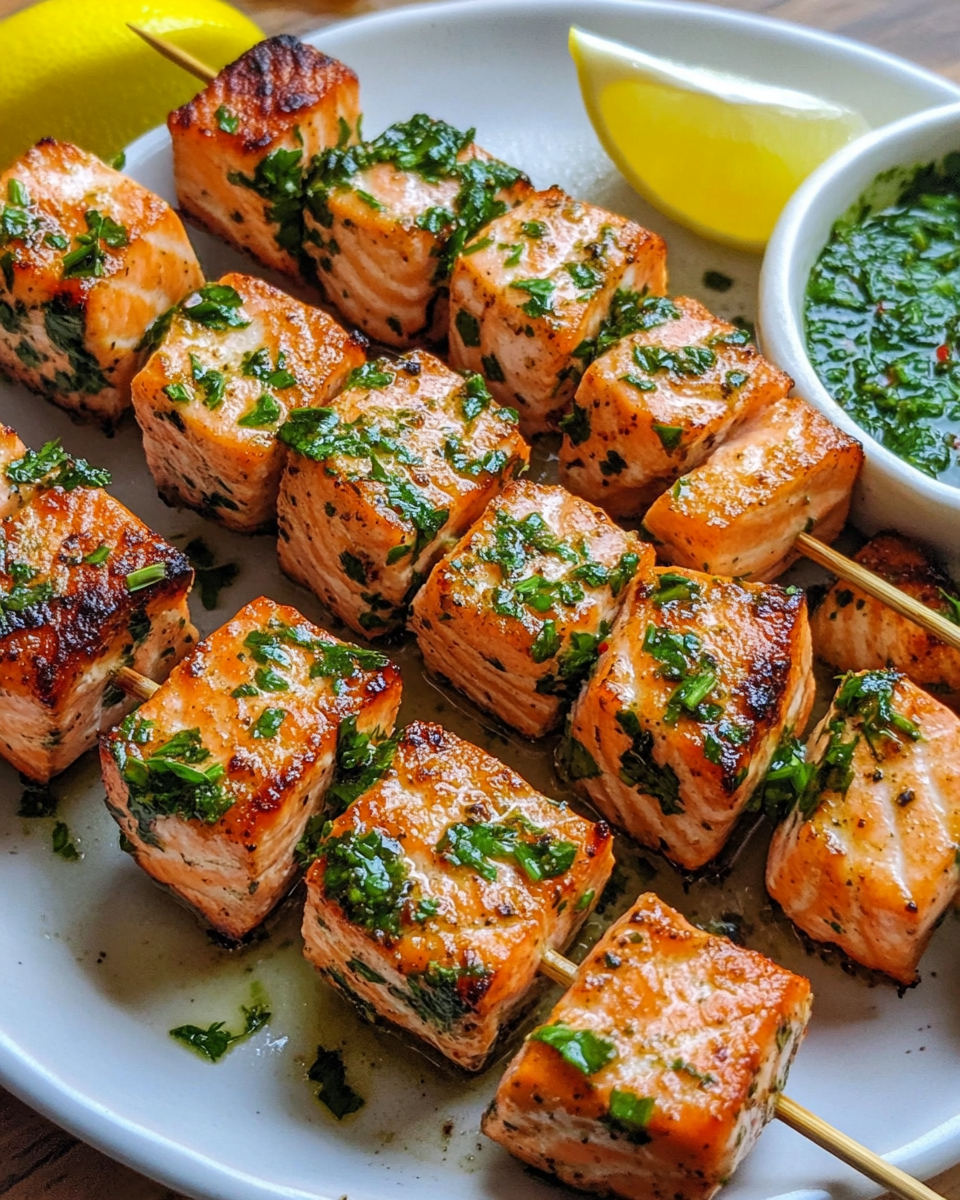 Easy Salmon Skewers with Chimichurri Sauce