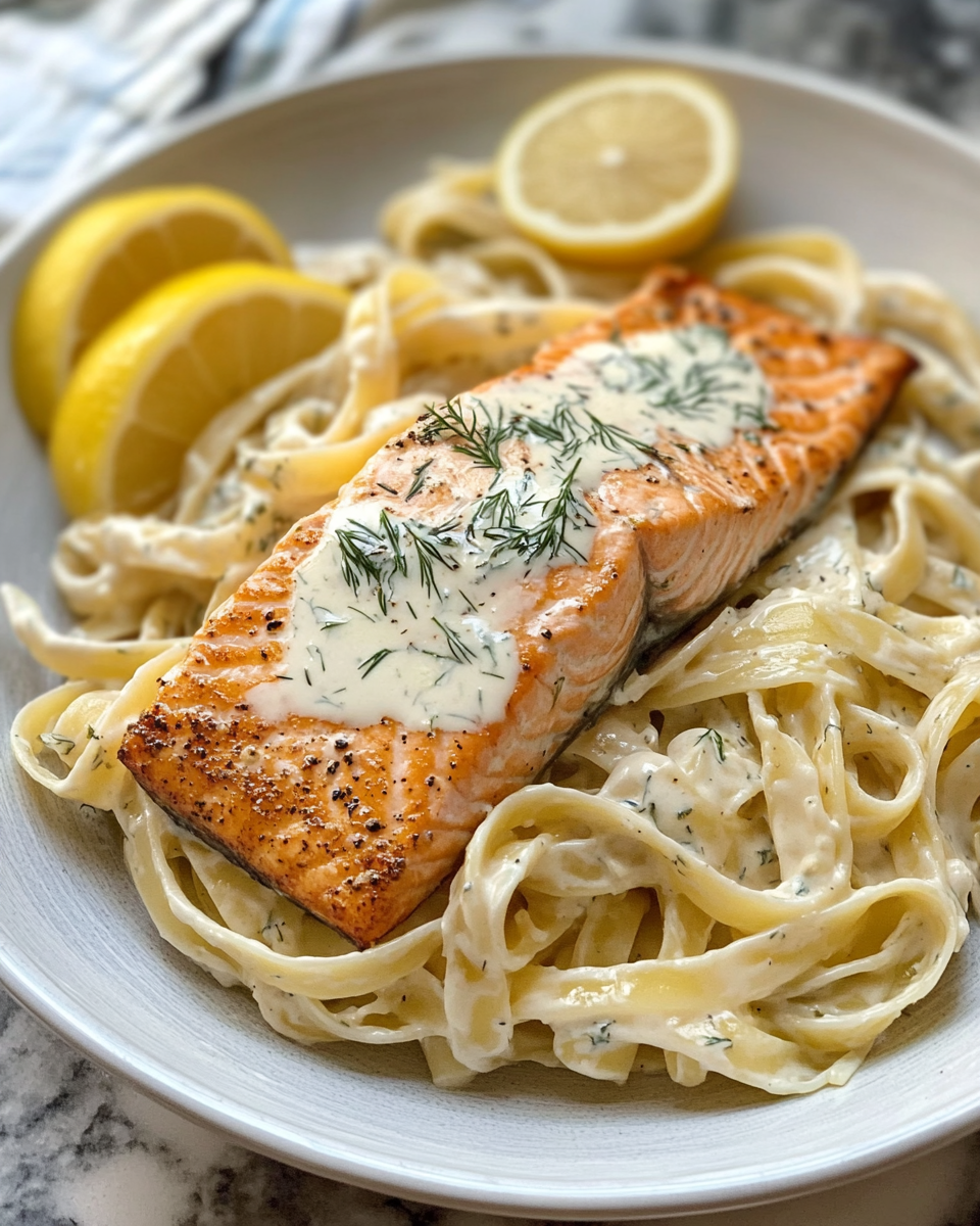 Salmon Fettuccine in Creamy Dill Sauce