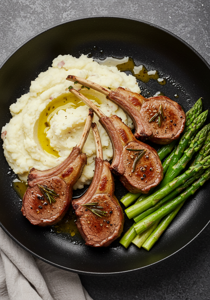 Lamb Chops with Mashed Potatoes and Asparagus