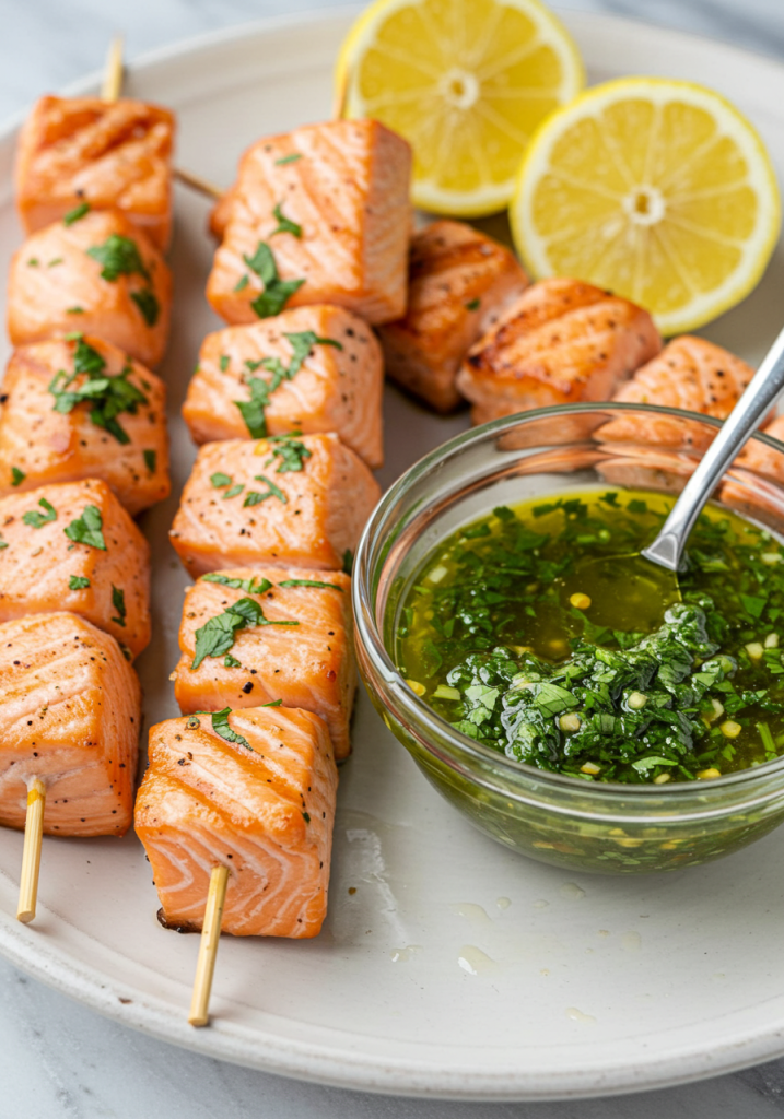 Easy Salmon Skewers with Chimichurri Sauce