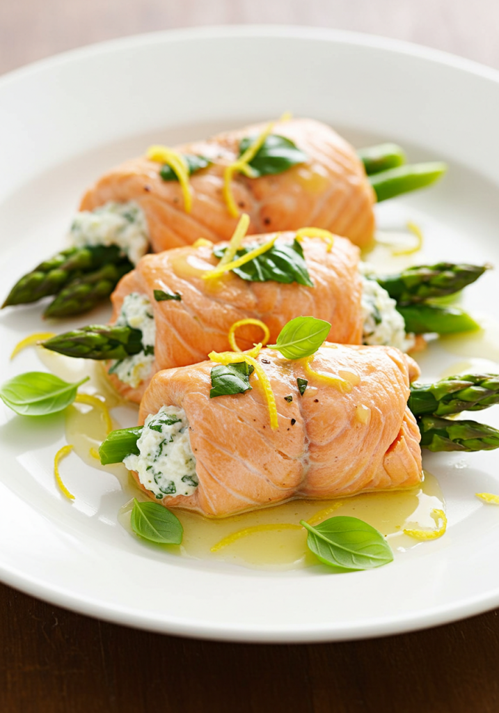 Asparagus and Lemon Basil Ricotta Stuffed Salmon Rolls