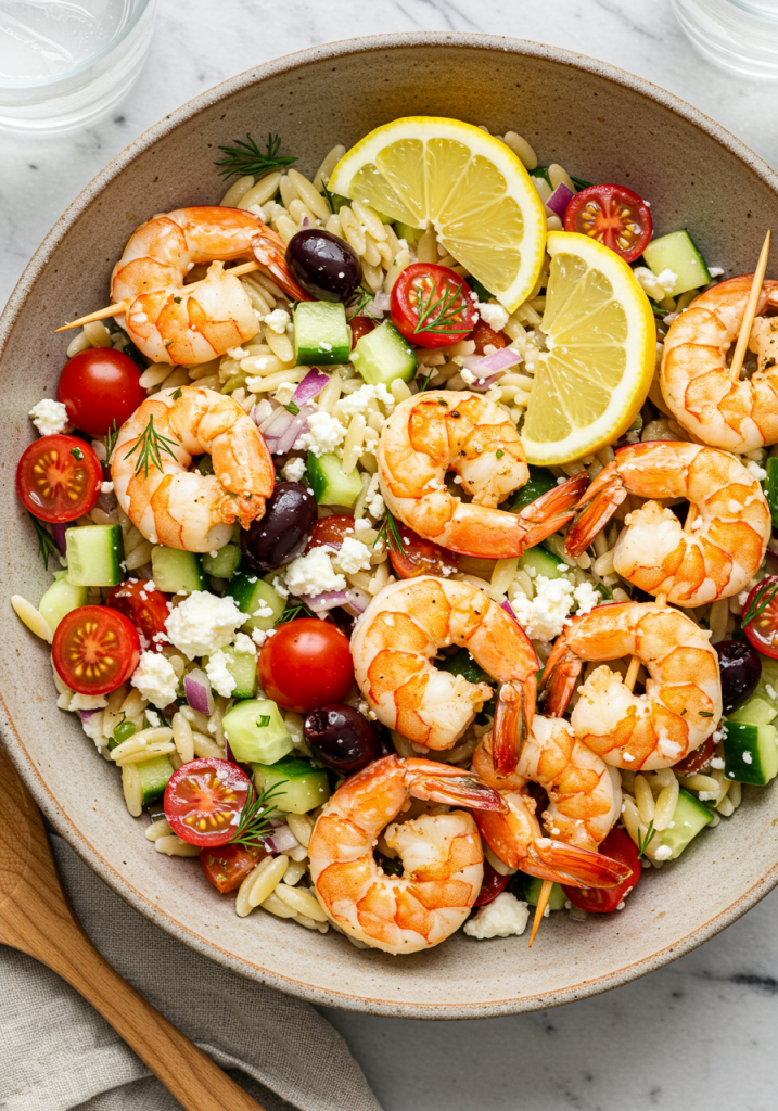 Greek Style Grilled Shrimp Orzo Pasta Salad