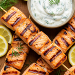Grilled Salmon Skewers with Creamy Dill Yogurt Sauce