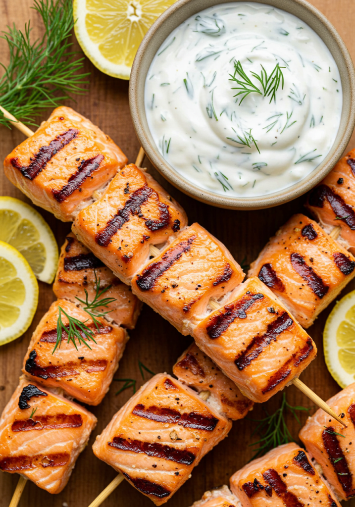 Grilled Salmon Skewers with Creamy Dill Yogurt Sauce