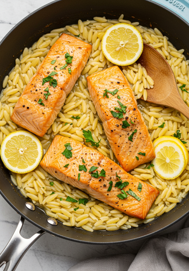 One Skillet Salmon with Lemon Orzo