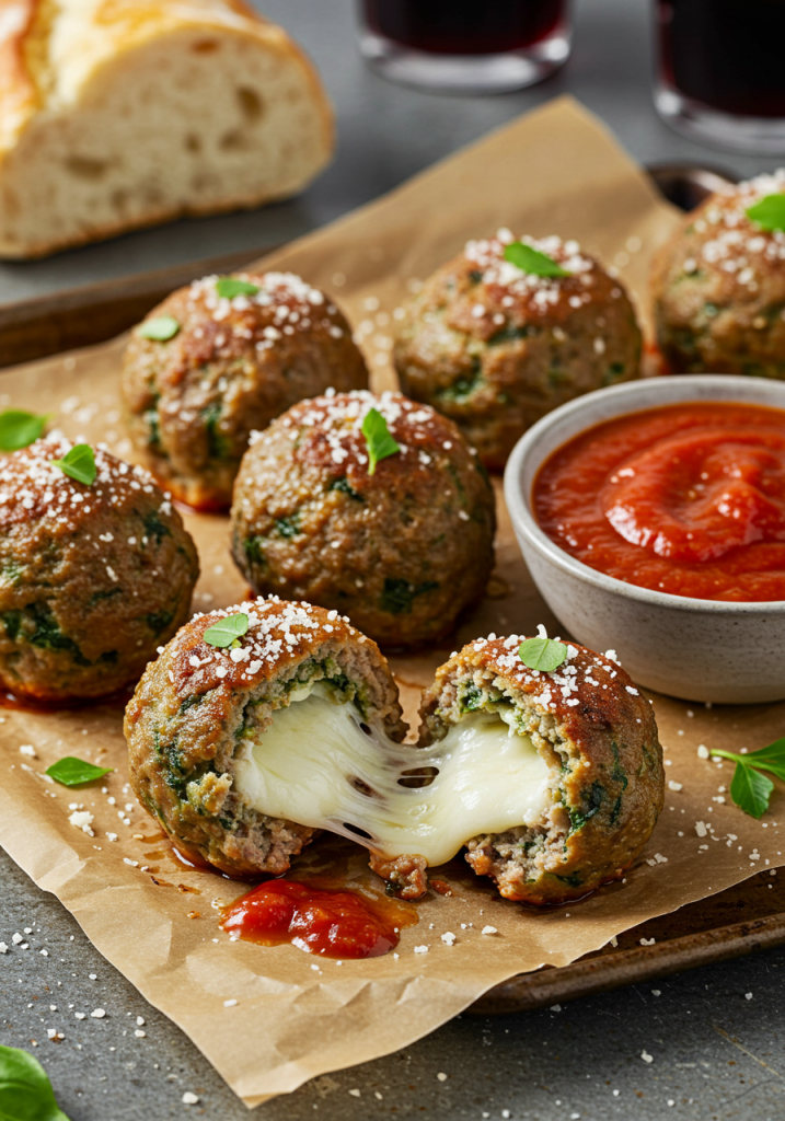 Spinach Garlic Meatballs Stuffed with Mozzarella