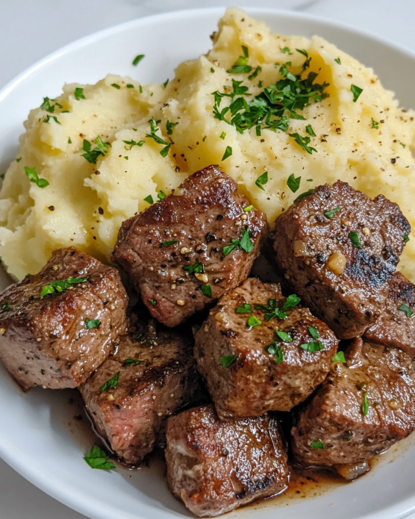 Garlic Butter Steak Bites and Mashed Potatoes