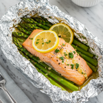 Baked Salmon in Foil with Asparagus and Lemon Garlic Butter Sauce