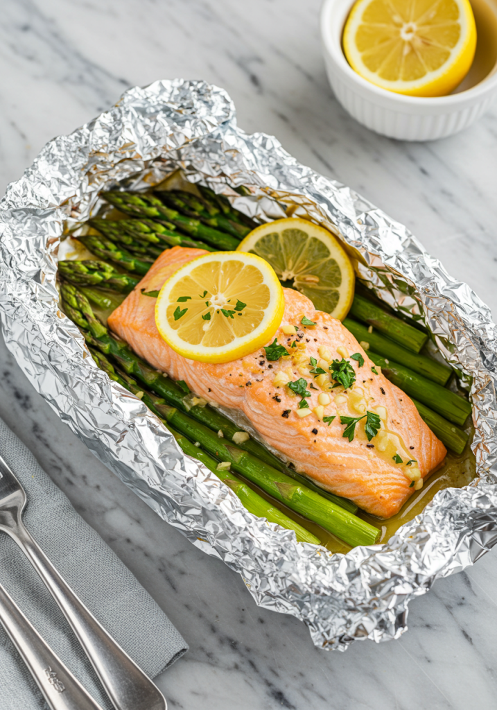 Baked Salmon in Foil with Asparagus and Lemon Garlic Butter Sauce