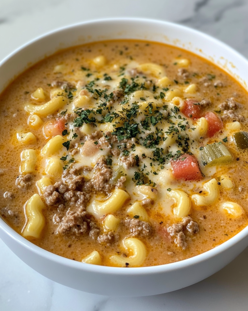 One-Pot Cheesy Cheeseburger Macaroni Soup