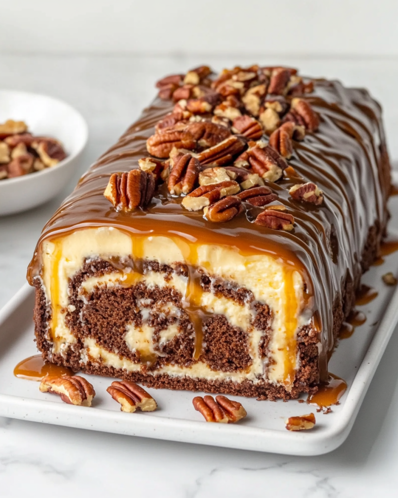 Gooey Chocolate Caramel Turtle Cake Roll
