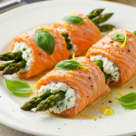 Asparagus & Lemon Basil Ricotta Stuffed Salmon Rolls with Lemon Sauce