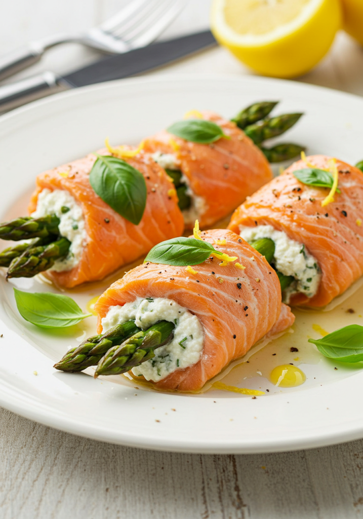 Asparagus & Lemon Basil Ricotta Stuffed Salmon Rolls with Lemon Sauce