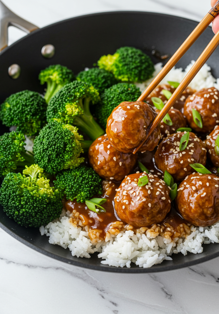 Sticky Mongolian Meatballs and Broccoli