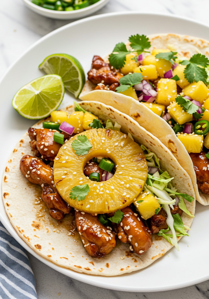 Teriyaki Chicken Tacos with Grilled Pineapple Pear Salsa