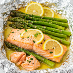 Baked Salmon in Foil with Asparagus and Lemon Garlic Butter Sauce