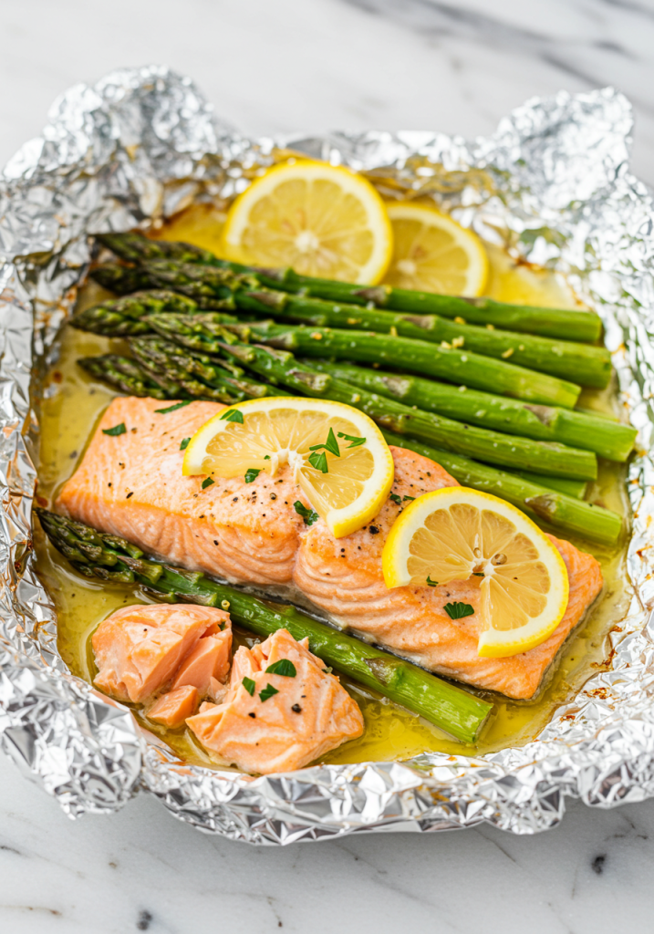 Baked Salmon in Foil with Asparagus and Lemon Garlic Butter Sauce