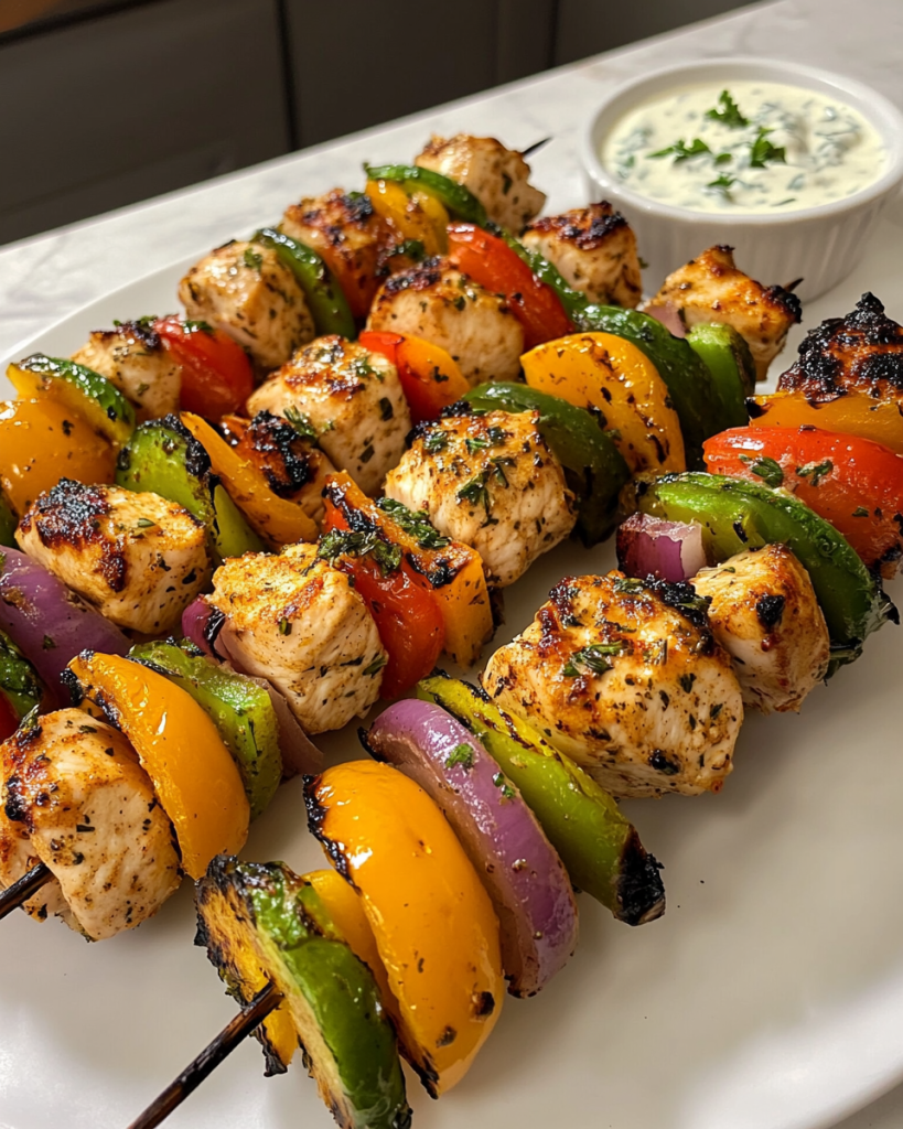 Grilled Chicken and Veggie Skewers with Herb Dip