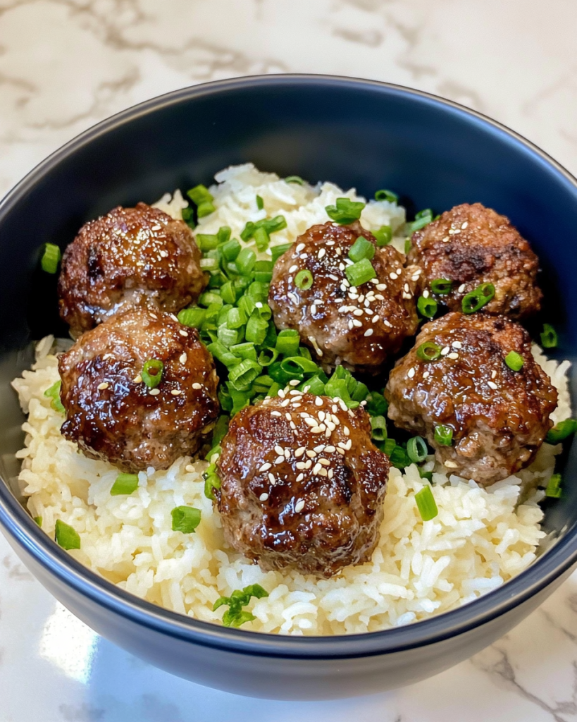 Teriyaki Beef Meatballs with Sticky Rice