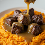 Garlic Butter Steak Bites & Gravy Over Mashed Sweet Potatoes