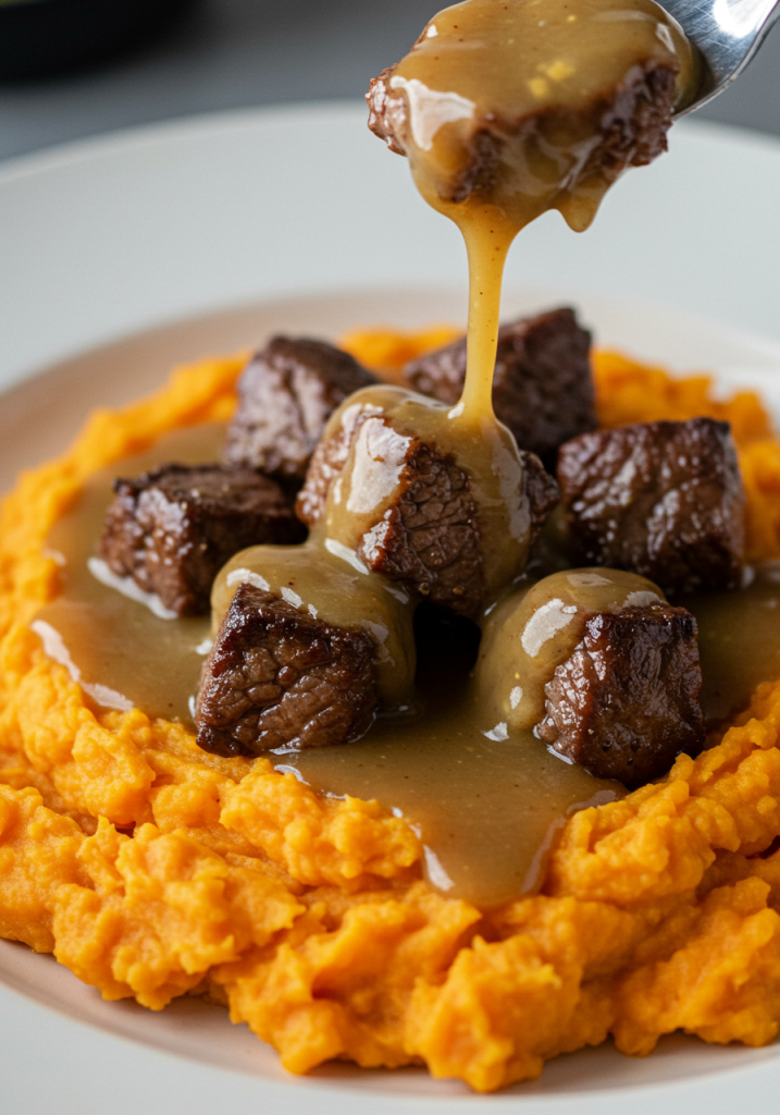 Garlic Butter Steak Bites & Gravy Over Mashed Sweet Potatoes